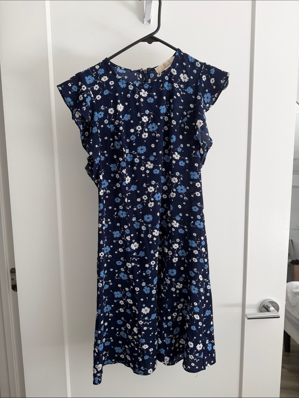 Michael Kors Navy Blue Floral Flutter-Sleeve Dress